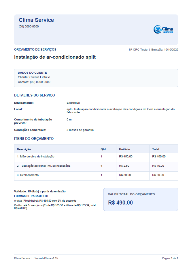 Exemplo de orçamento em PDF gerado pelo PropostaClima, com logotipo, cliente fictício, itens e total R$ 490,00